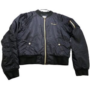 Southpole Bomber Jacket Women L Black Satin Quilted Lining Gold Zip Streetwear